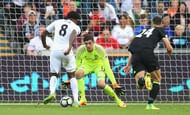 SWANSEA, WALES - SEPTEMBER 11:  Leroy Fer of Swansea City (8) beats goalkeeper Thibaut Courtois and Gary Cahill of Chelsea (24) as he scores their second goal during the Premier League match between Swansea City and Chelsea at Liberty Stadium on September 11, 2016 in Swansea, Wales.  (Photo by Alex Livesey/Getty Images)